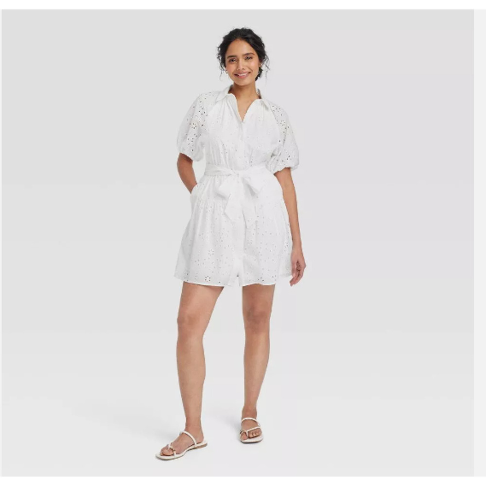 Eyelet Balloon Short Sleeve Mini Shirt Dress Sz Small NWT White A New Day